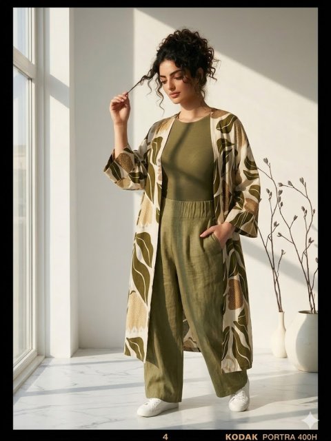 طقم Flora" Artisanal" فاخر: عباية كيمونو مطبوعة وبنطلون كتان واسع 4