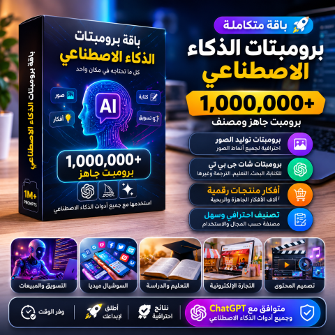 باقة برومبتات الذكاء الاصطناعي | 1,000,000+ برومبت صور + شات جي بي تي + أفكار منتجات رقمية